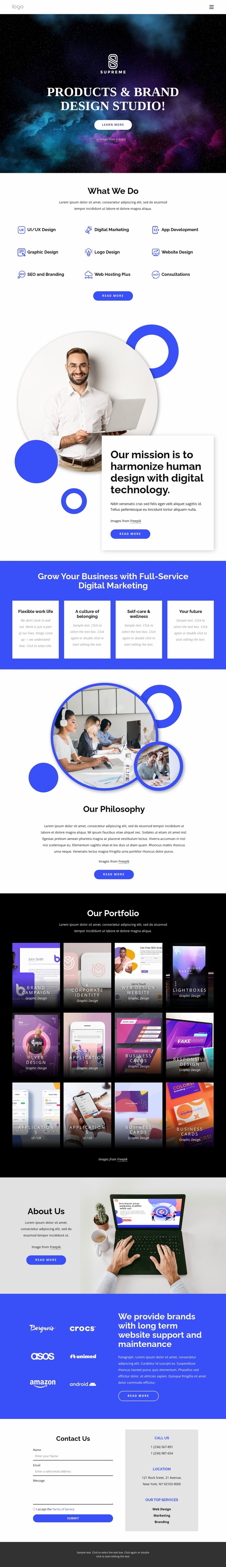 Products and brand design studio Landing Page