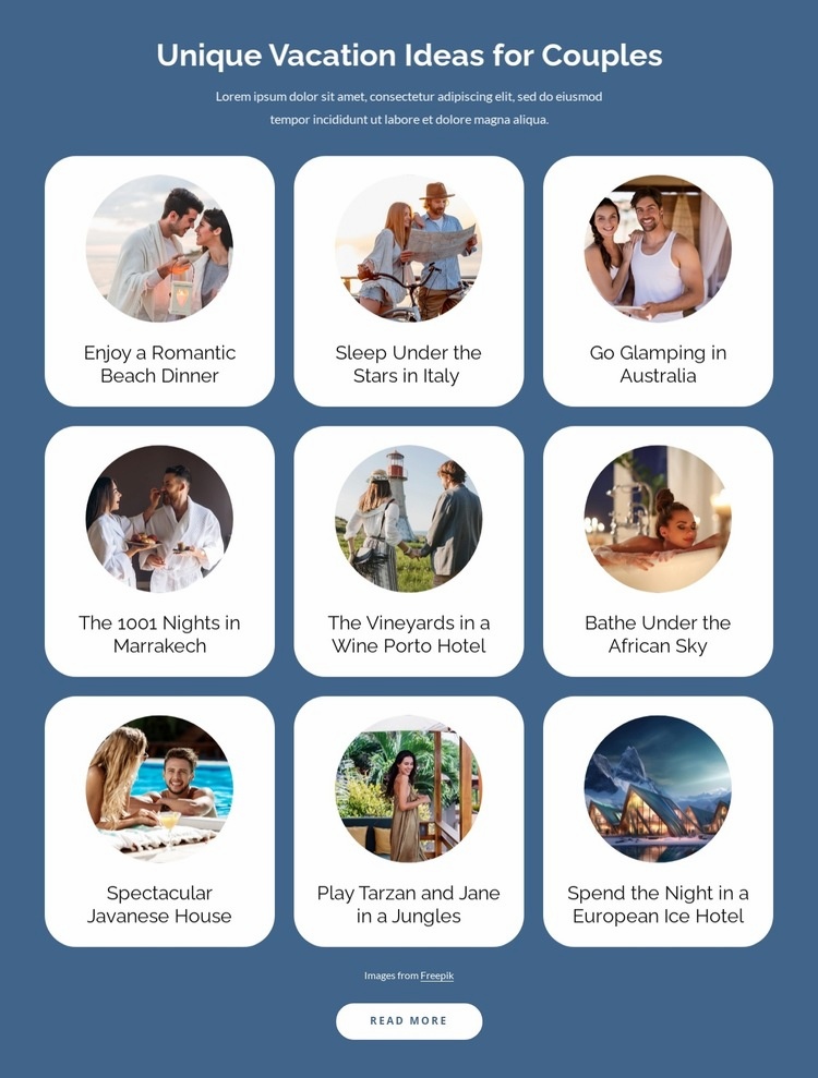 Unique vacation ideas for couples Elementor Template Alternative