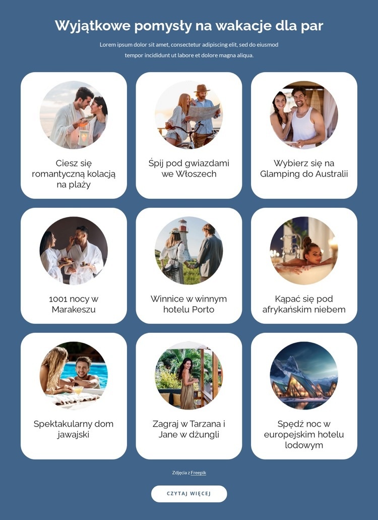 Wyjątkowe pomysły na wakacje dla par Projekt strony internetowej
