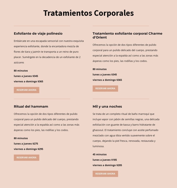 Diferentes tipos de tratamiento corporal. Creador de sitios web HTML