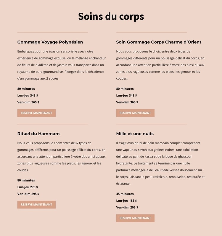 Différents types de soins corporels Conception de site Web