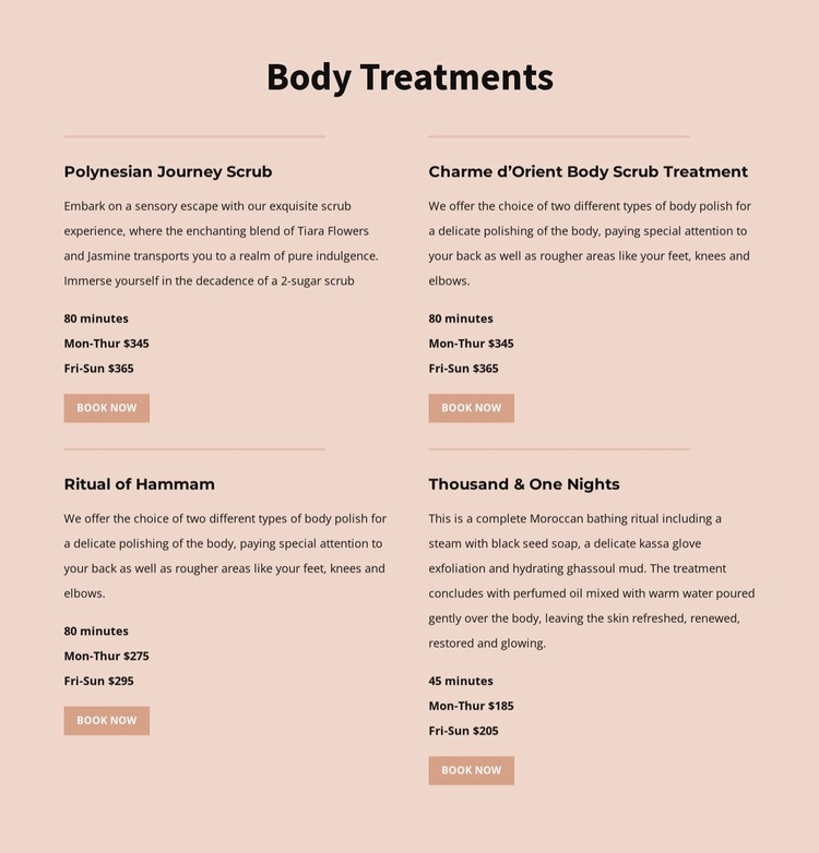 Different kinds of body treatment Html Code Example