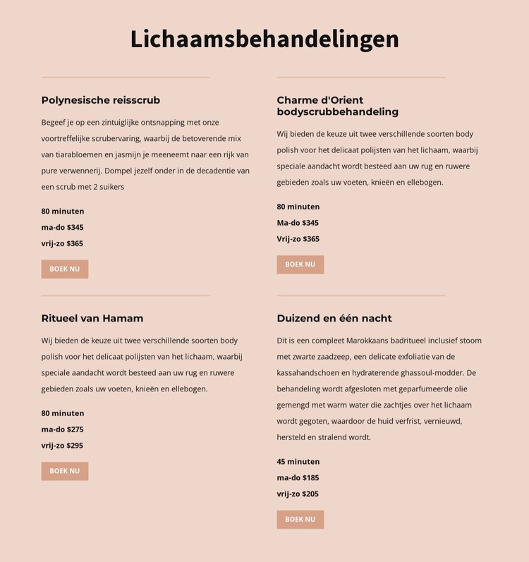 Verschillende soorten lichaamsbehandelingen Website sjabloon