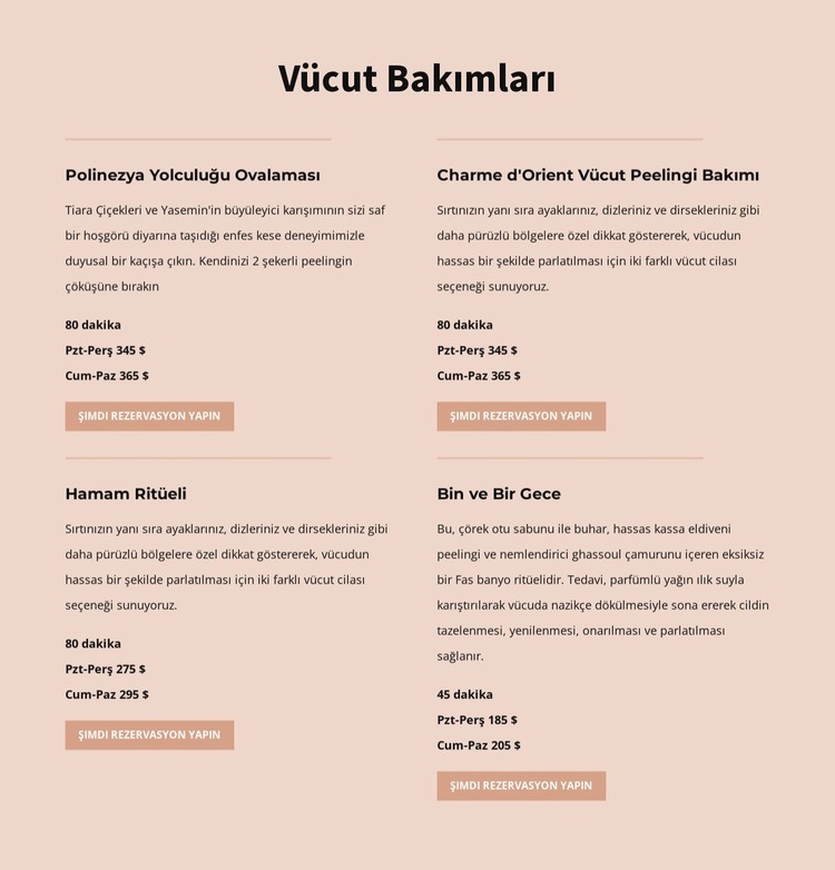 Farklı vücut bakımı türleri Web Sitesi Mockup'ı