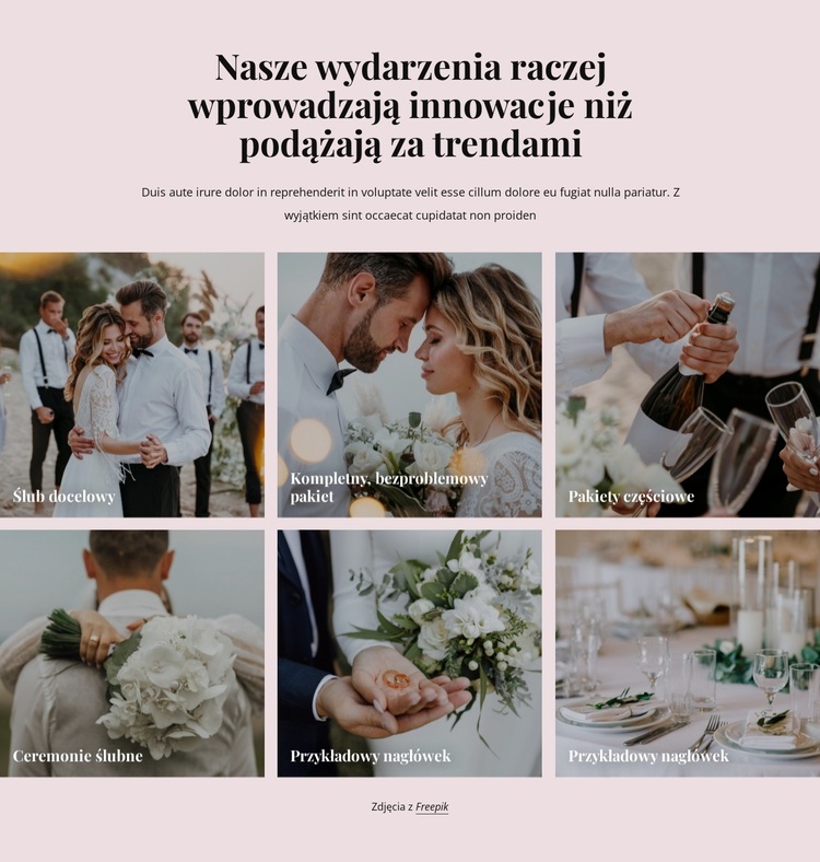 Nasze wydarzenia wprowadzają innowacje weselne Motyw WordPress