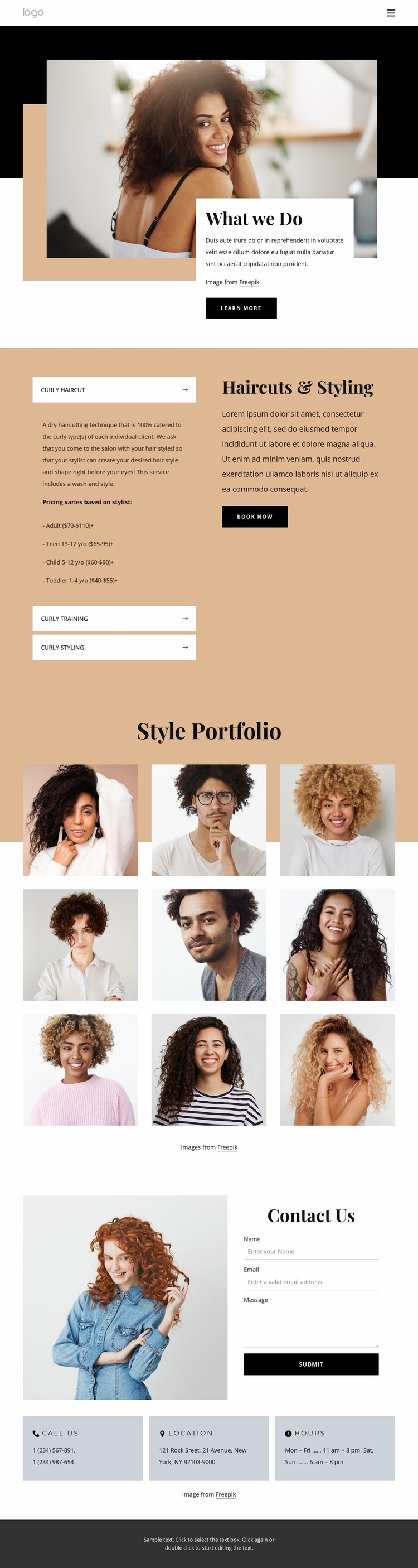Local curly hair specialists Website Mockup