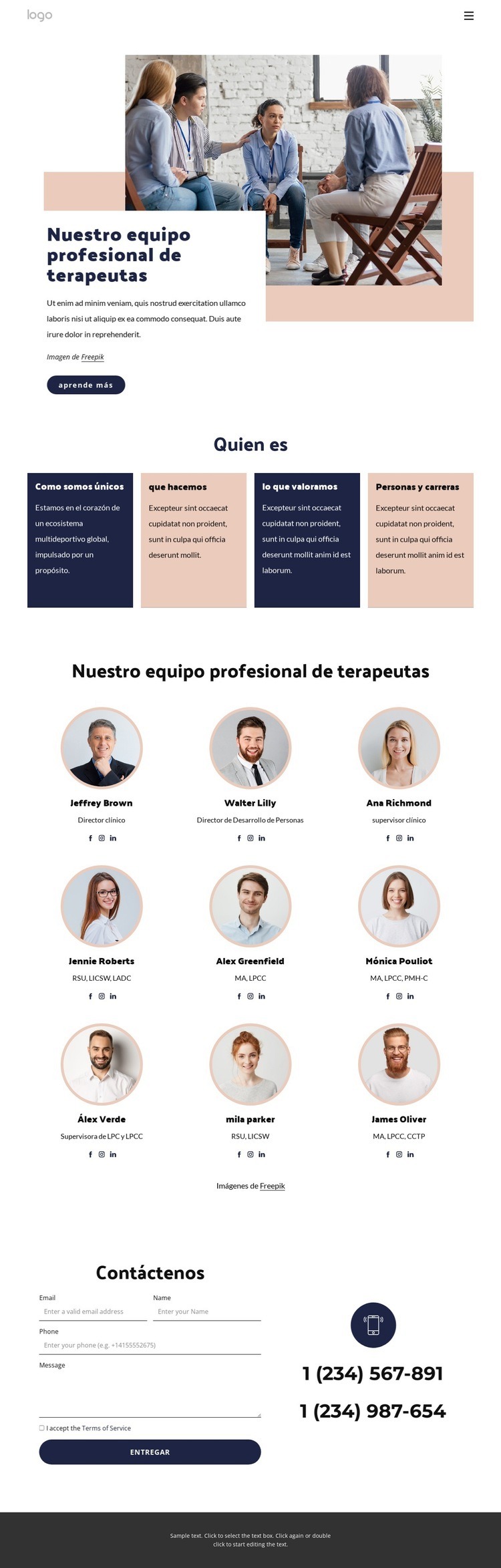 Nuestro equipo profesional de terapeutas. Maqueta de sitio web