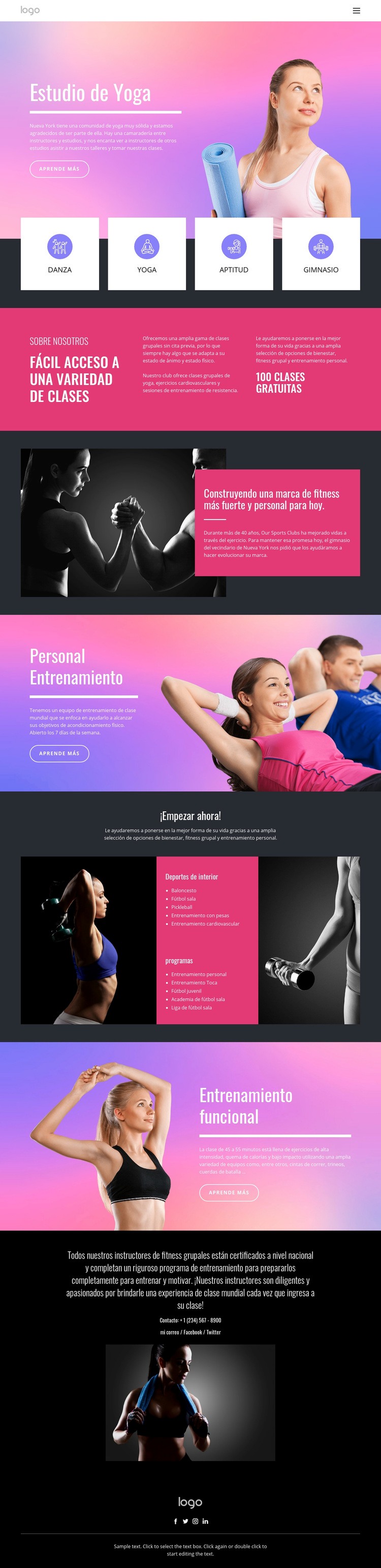 Estudio de yoga y otros deportes Maqueta de sitio web