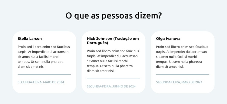 Depoimentos em 3 colunas Tema WordPress