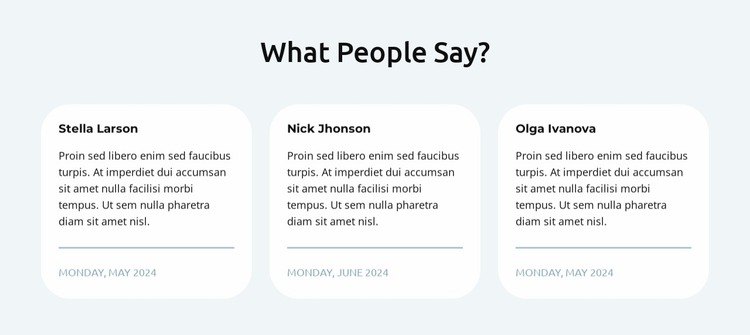 Testimonials in 3 columns Website Mockup