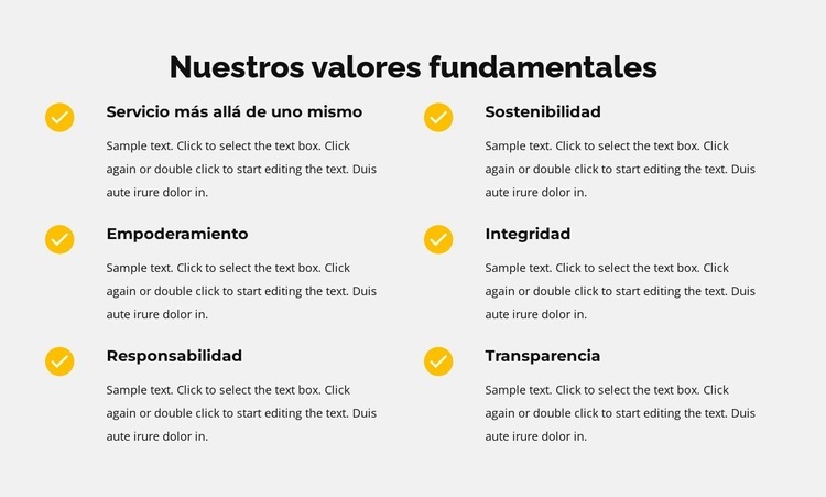 Nuestros valores fundamentales en la lista Maqueta de sitio web