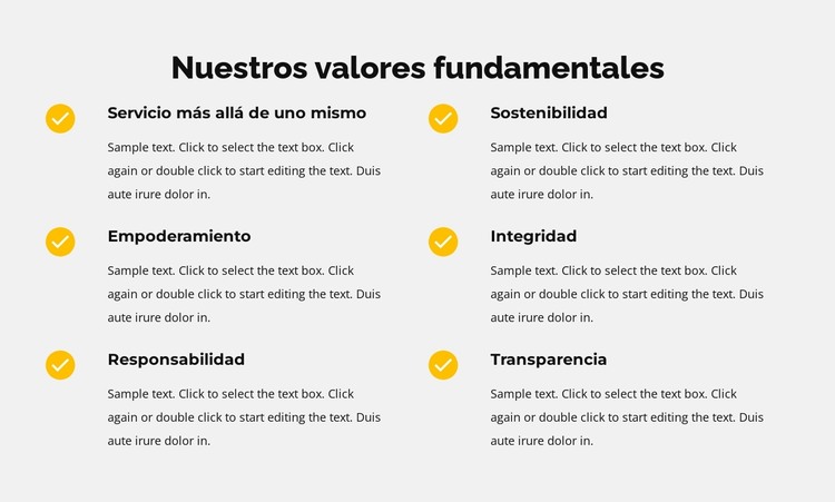 Nuestros valores fundamentales en la lista Plantilla HTML