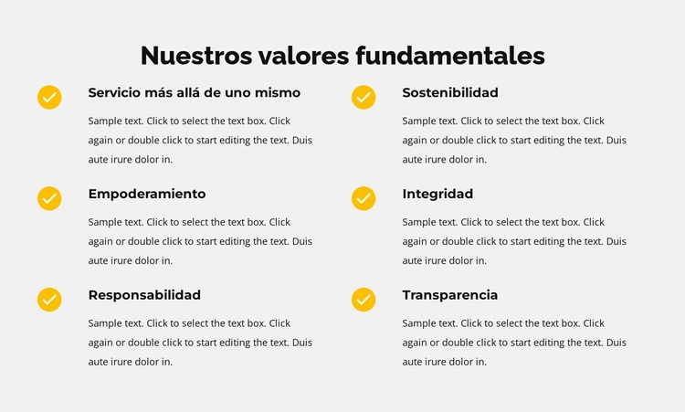 Nuestros valores fundamentales en la lista Tema de WordPress