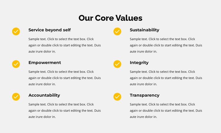 Our core values in list One Page Template