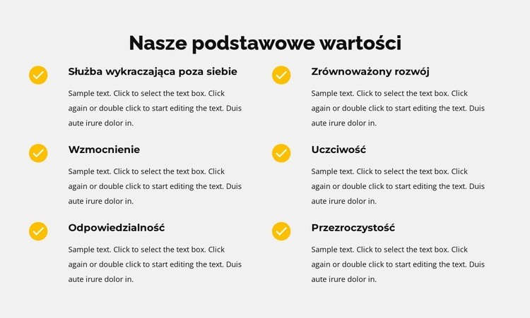 Nasze podstawowe wartości na liście Szablony do tworzenia witryn internetowych