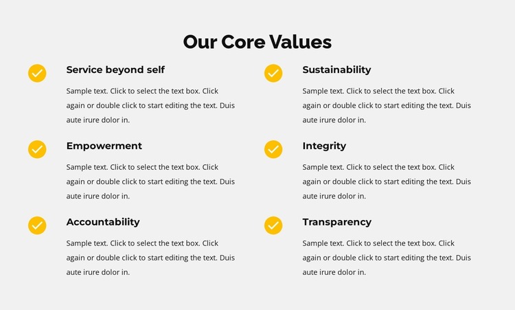 Our core values in list Website Mockup