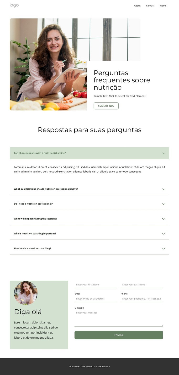 Perguntas frequentes sobre nutrição Maquete do site