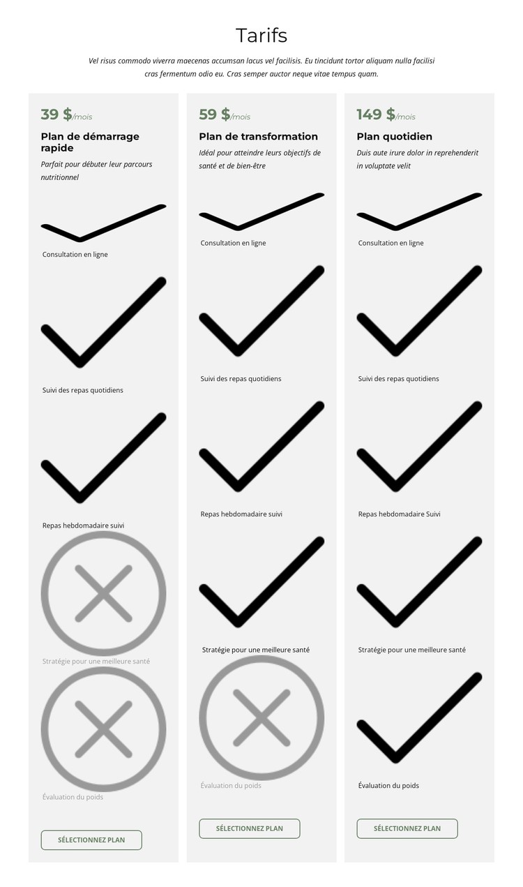 Forfaits et tarifs Modèle CSS