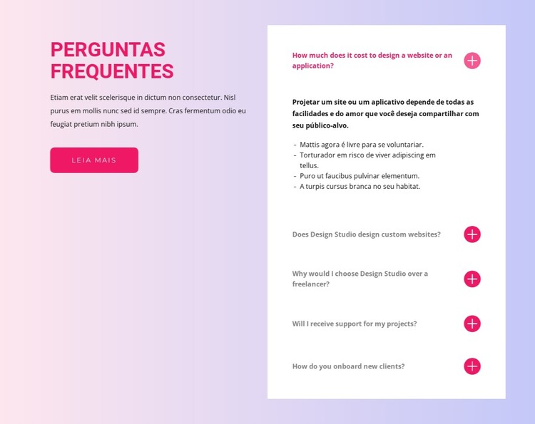 Bloco de perguntas frequentes Modelo HTML