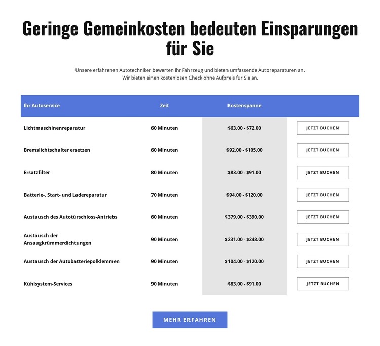 Autoreparaturdienste in der Tabelle CSS-Vorlage