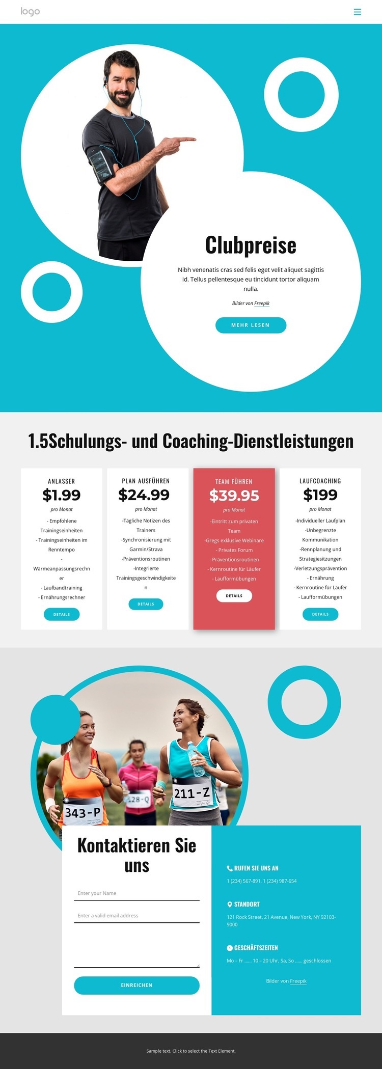 Running club pricing Eine Seitenvorlage