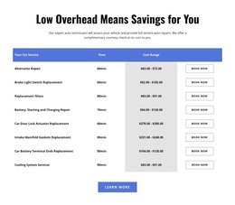 HTML Site For Car Repair Services In Table