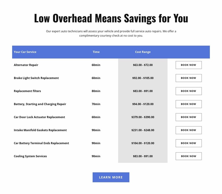 Car repair services in table Html Website Builder