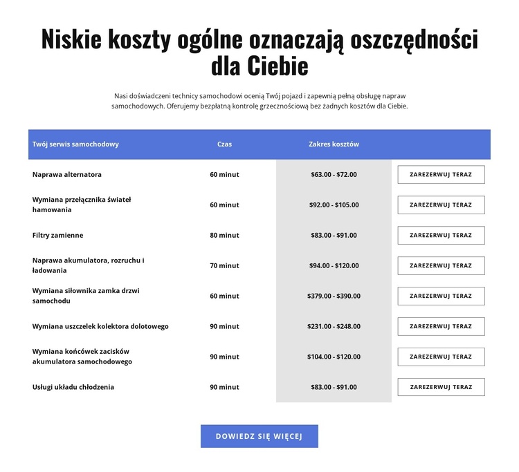 Usługi naprawy samochodów w tabeli Motyw WordPress