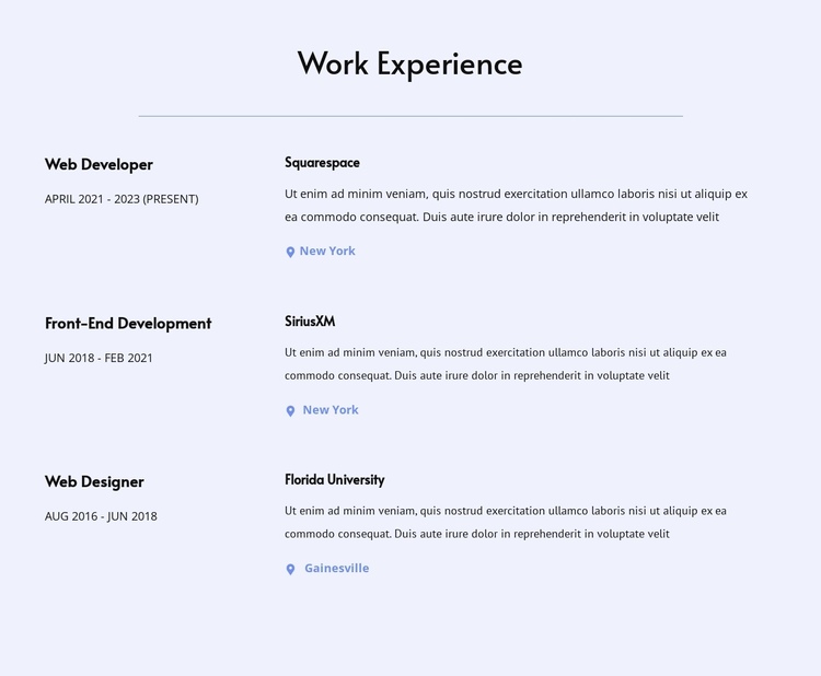 My work experience One Page Template