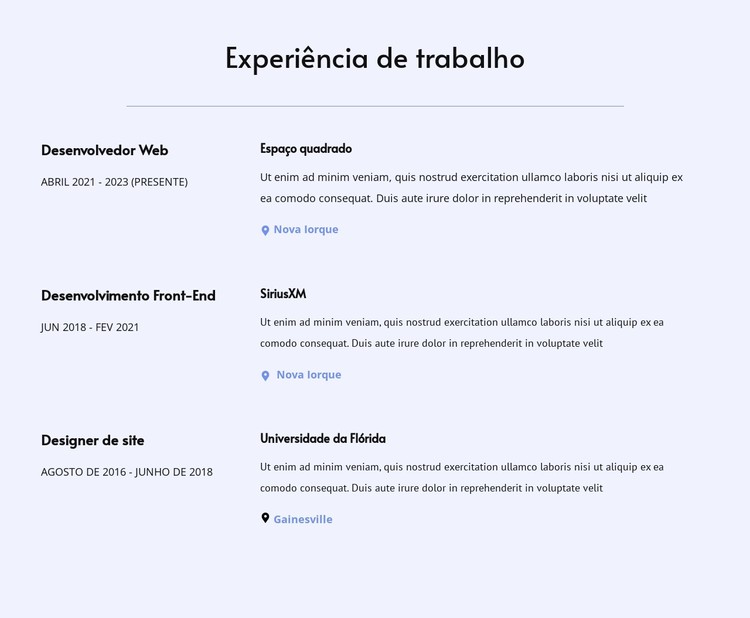 Minha experiência de trabalho Template CSS