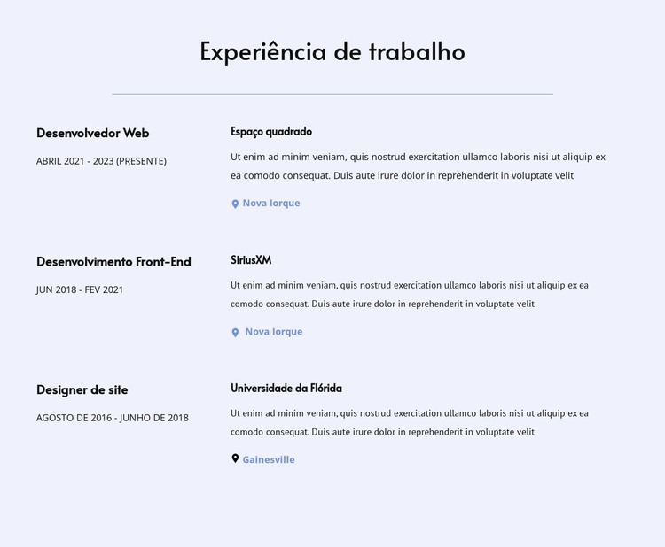 Minha experiência de trabalho Modelo HTML