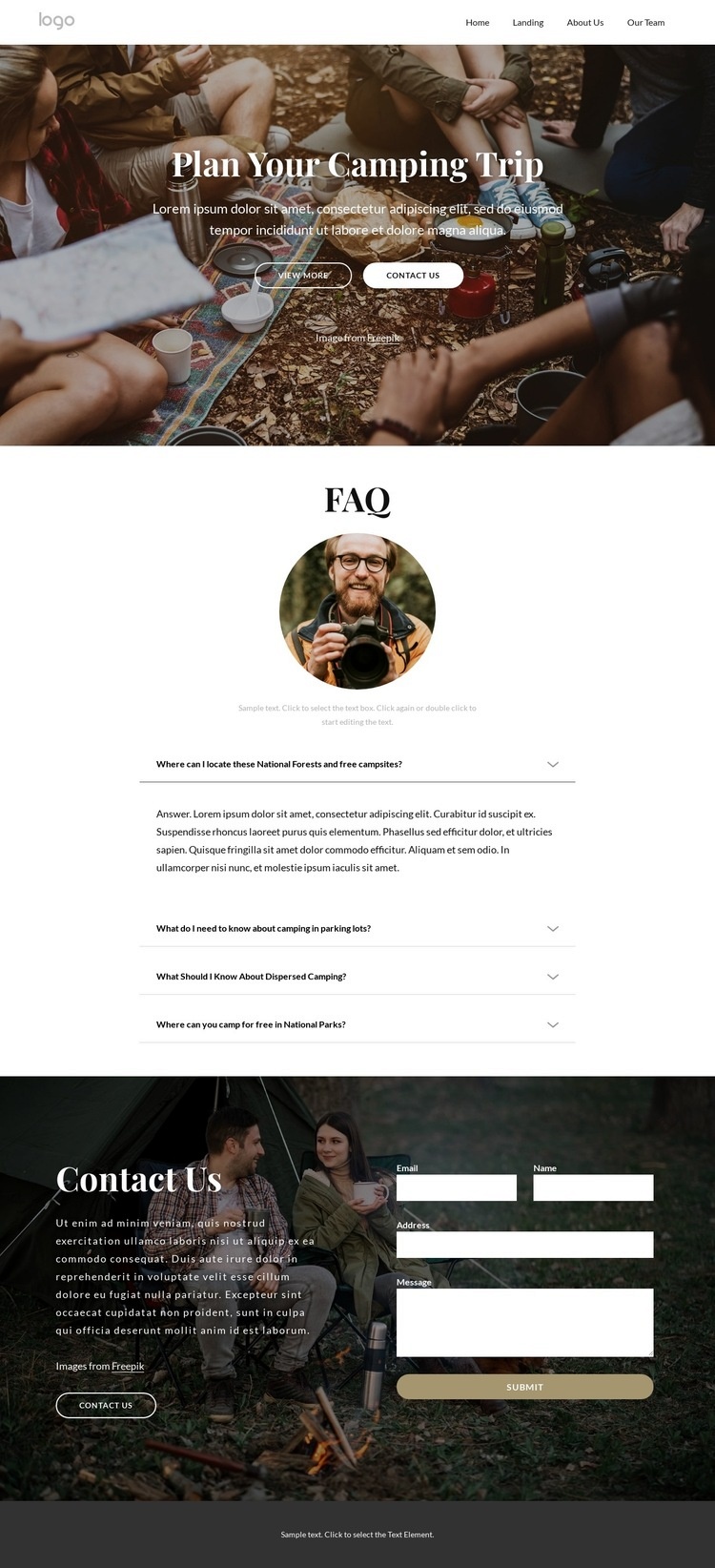 Camping trip faq Homepage Design