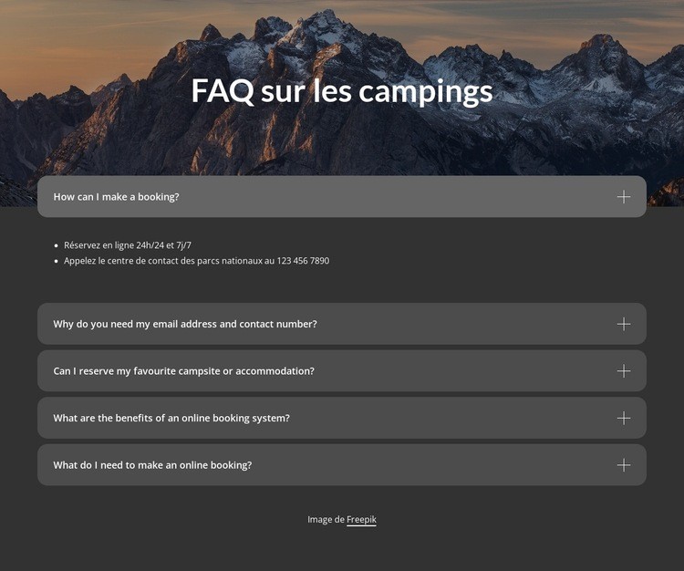 Bloc FAQ sur les campings Modèles de constructeur de sites Web