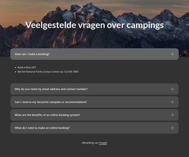 Kampeerterrein FAQ blok Website sjabloon