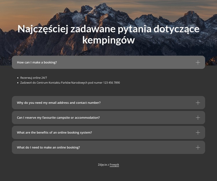 Blok FAQ na temat kempingu Szablon CSS