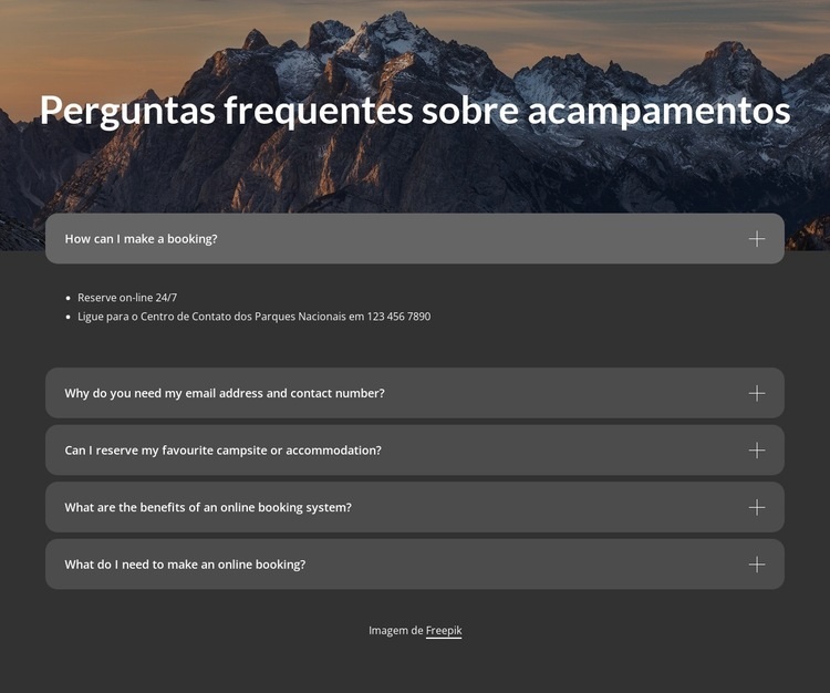 Bloco de perguntas frequentes sobre acampamento Modelos de construtor de sites