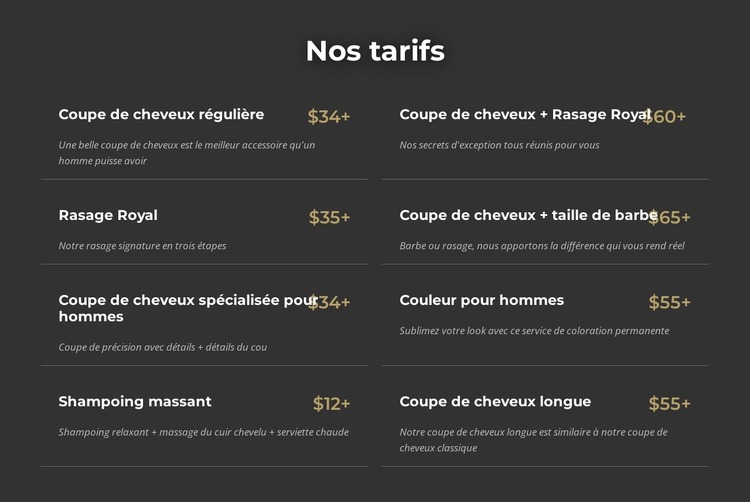 Tarifs des salons de coiffure de Manhattan Modèle Joomla