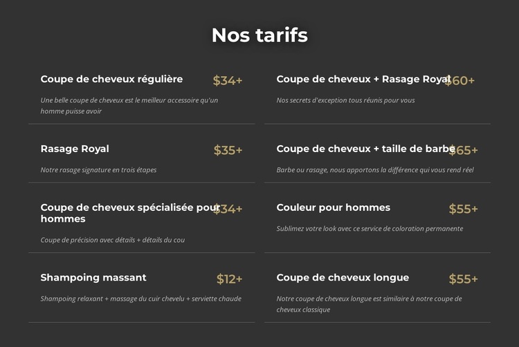 Tarifs des salons de coiffure de Manhattan Thème WordPress