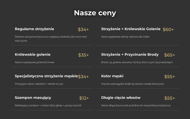 Cennik w salonie fryzjerskim na Manhattanie Szablon HTML