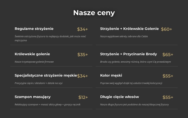 Cennik w salonie fryzjerskim na Manhattanie Szablon Joomla