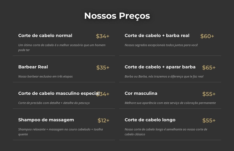 Preços de barbearia em Manhattan Tema WordPress