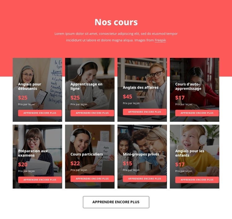 Cours d'apprentissage des langues Maquette de site Web