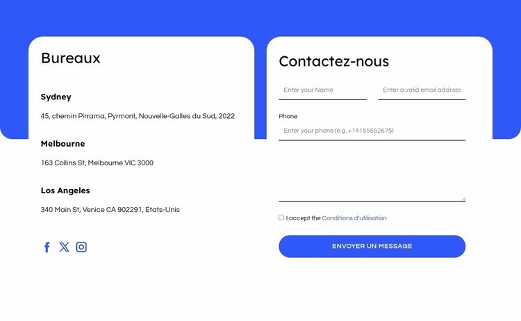Formulaire de contact et bureaux Maquette de site Web