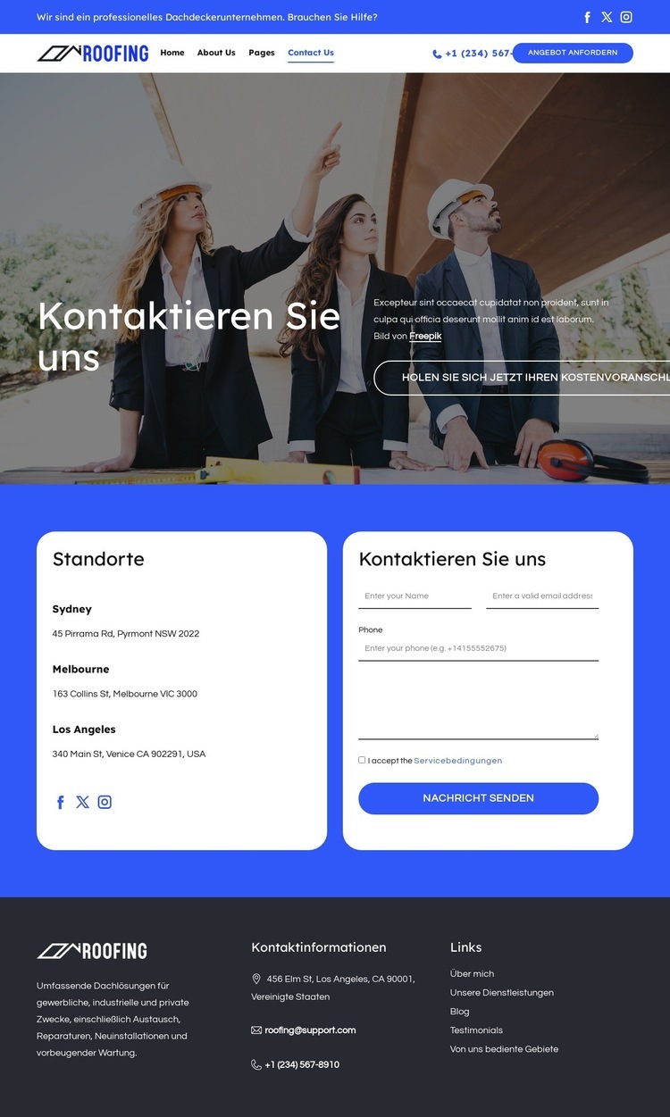 Kontaktseite für Dachdeckerunternehmen Website design