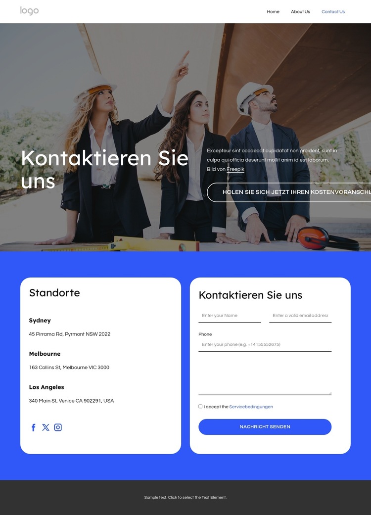 Kontaktseite für Dachdeckerunternehmen Website-Vorlage