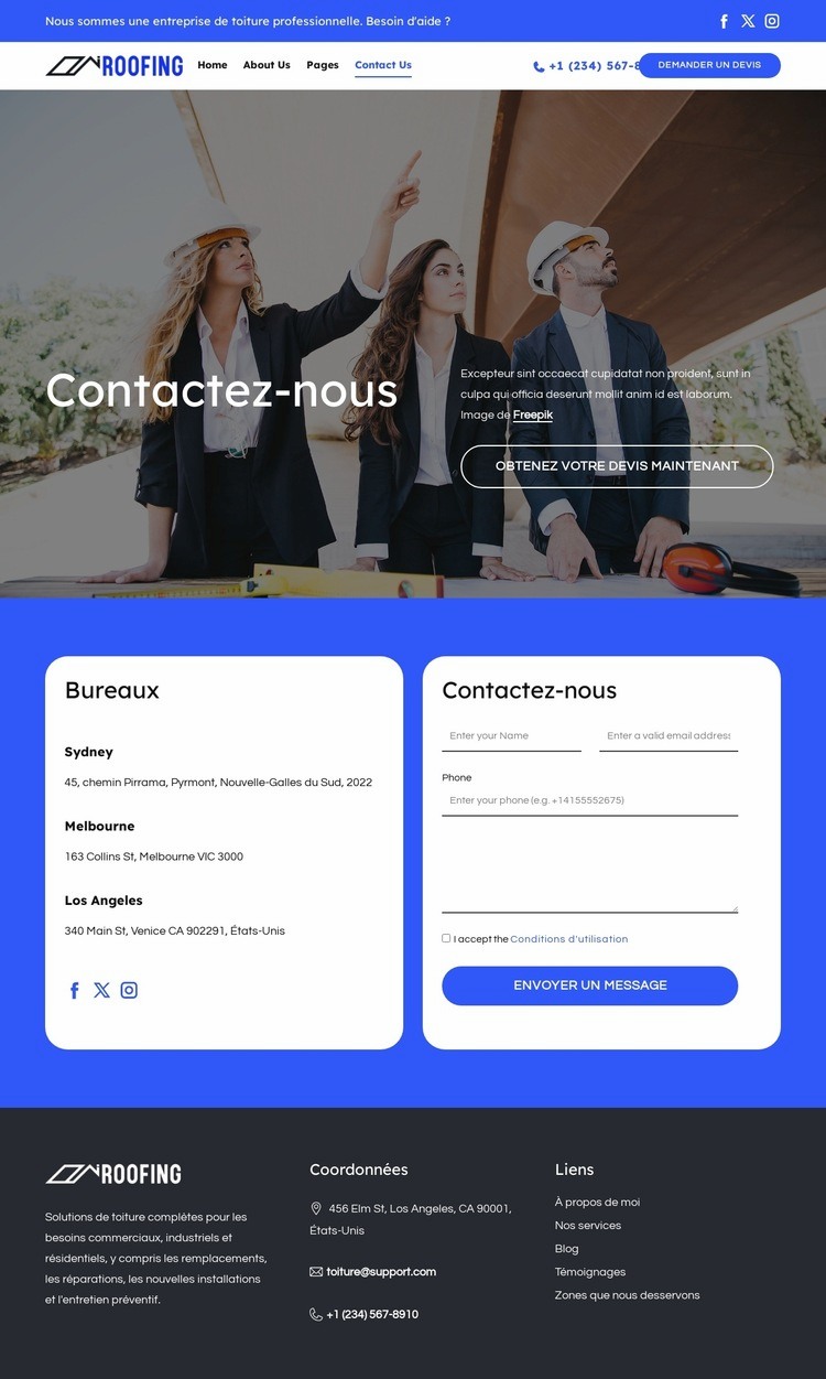 Page de contact de l'entreprise de couverture Modèle
