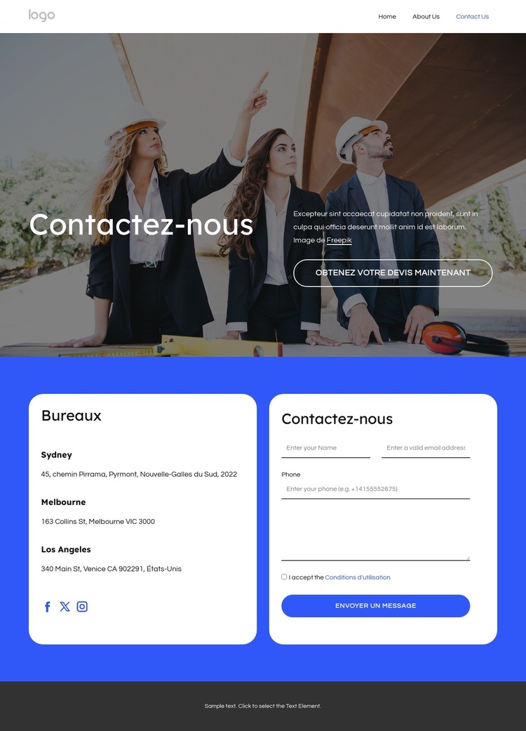 Page de contact de l'entreprise de couverture Modèle de site Web