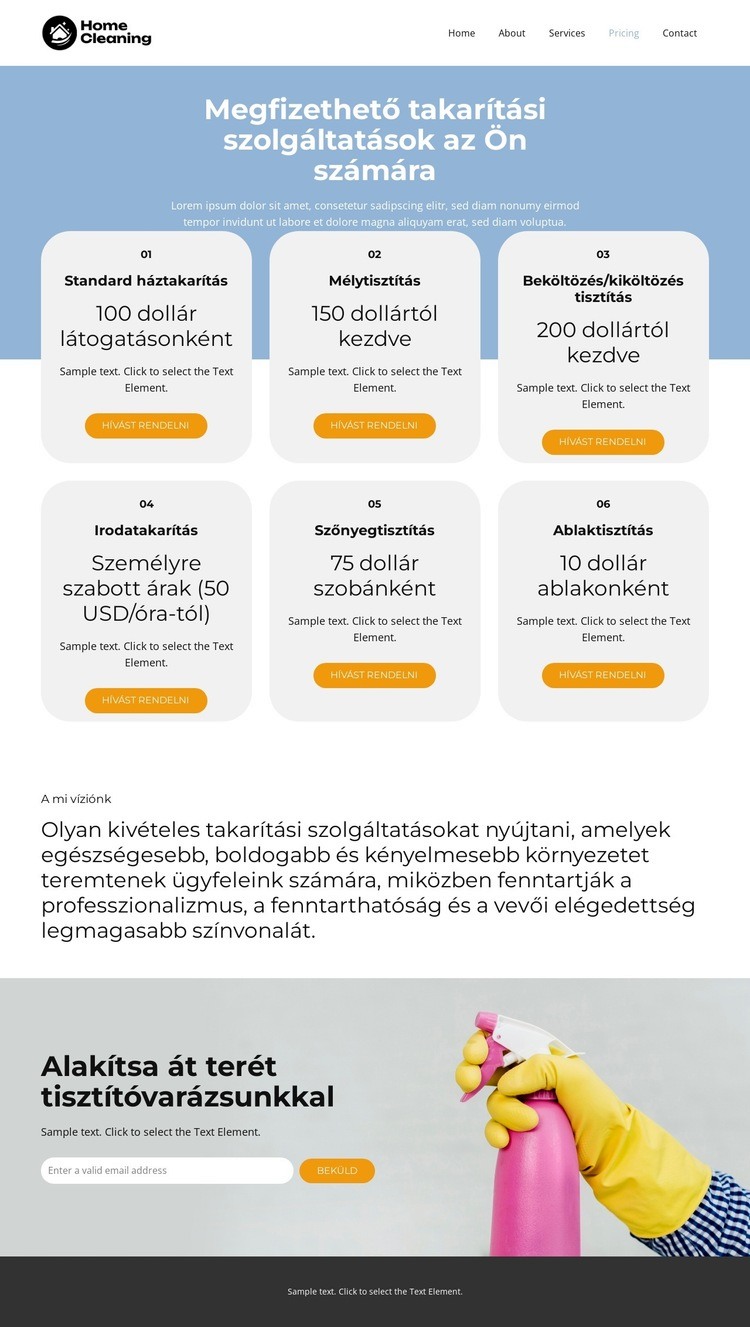 Takarítási szolgáltatások díjszabása Weboldal sablon