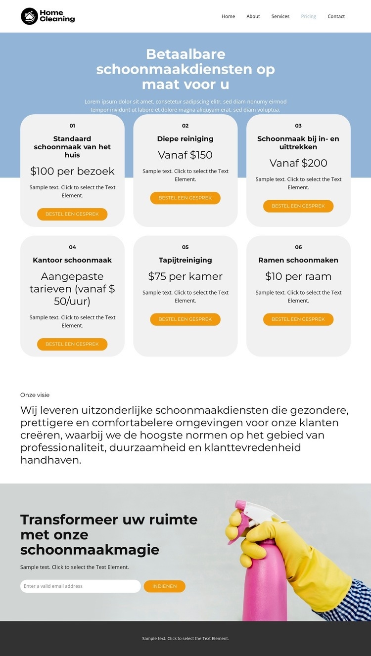 Prijzen voor schoonmaakdiensten Website ontwerp