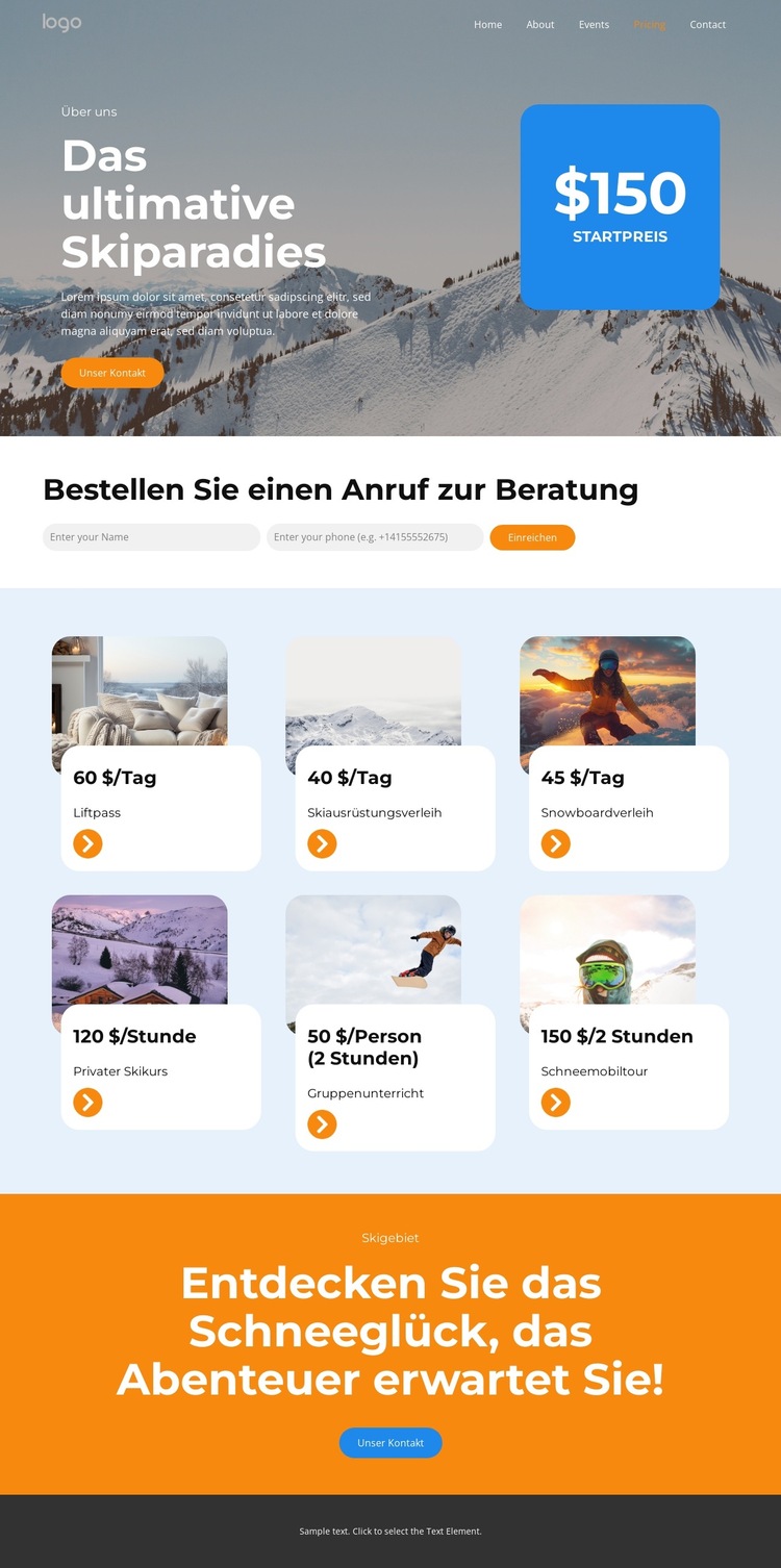 Preise für Skigebiete Website-Vorlage